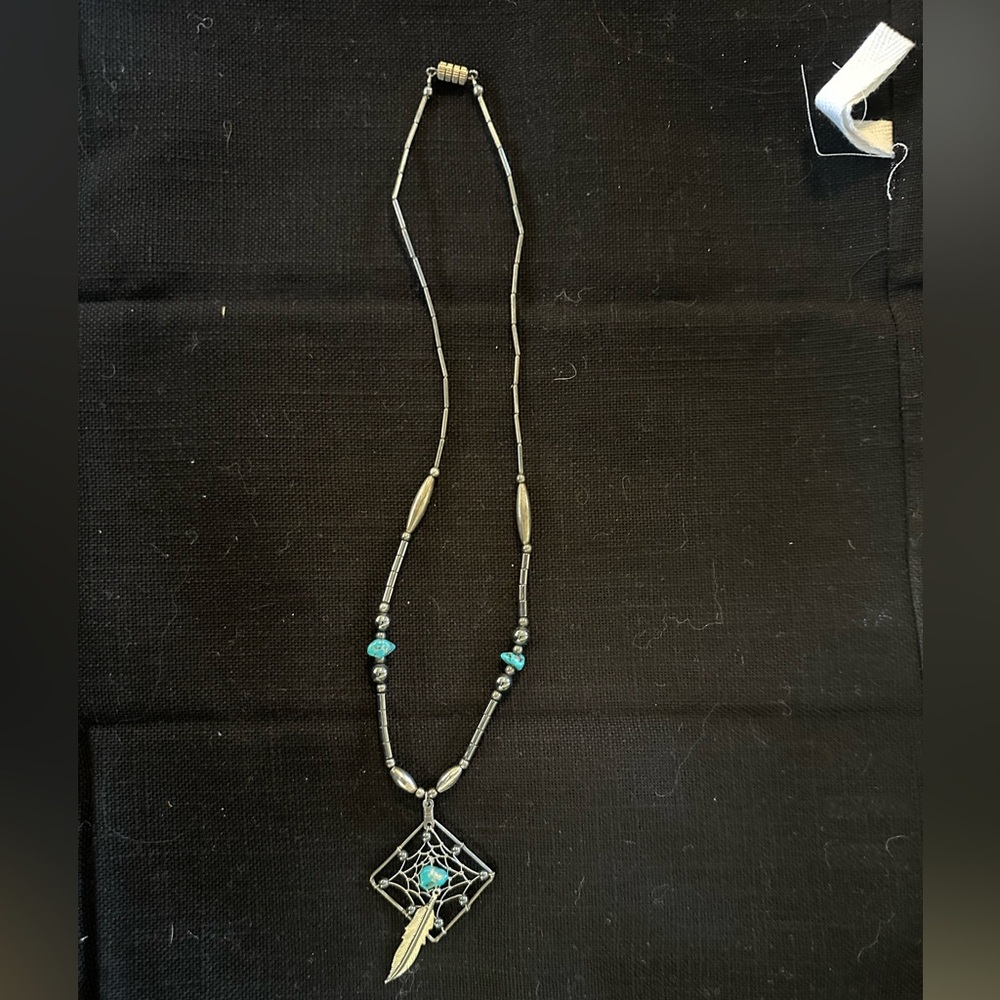 Artisan Handmade Native American Turquoise and Silver Dreamcatcher Necklace